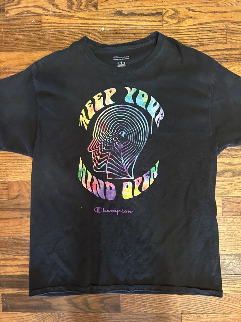 Champion Black Tee with Rainbow Psychedelic Head Graphic